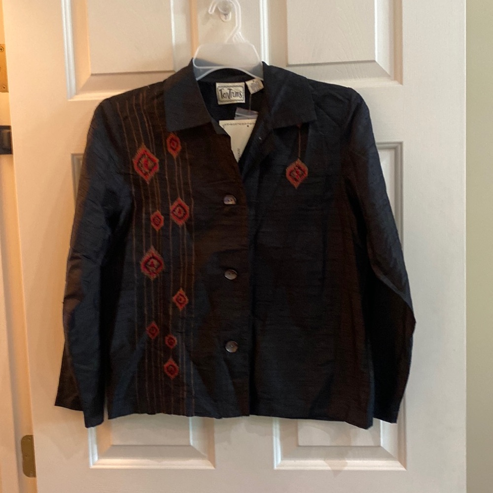 Tantrums Black Button-Front Blouse with Red Embroidered Diamond Accents